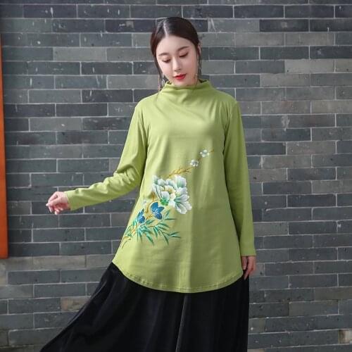 Large size autumn winter women fleece warm T-shirt turtleneck hand-painted Chinese style loose soft comfortable cotton tees 5XL