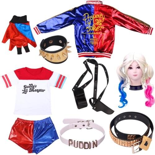 Suicide Cosplay Costumes Quinn Squad Women Harley Monster Jacket Pants Bracelet Belt Necklace Gloves Accessories Full Set