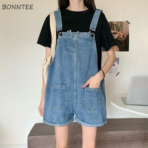 Rompers Women Korean Style Washed Vintage Chic Pockets Summer Playsuits Leisure Girls Loose Streetwear Harajuku Ulzzang BF Mujer
