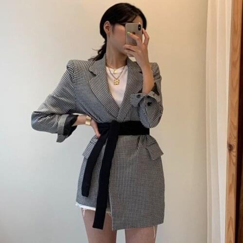 Korea Style Loose Trend Coat 2021 Autumn Winter Vintage Full Sleeve Plaid Stitching Irregular Straps Women Blazer