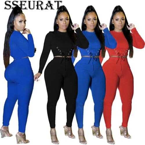 SSEURAT Women Set Sexy Solid Long Sleeve Crop Top Sports Pants Two Piece Set Streetwear Matching Sets Outfits