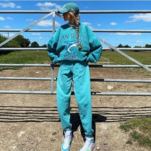 Ins SAN DIEGO Fun Letter Print Sweatshirt Tracksuits Women Two Piece Set 2021 Winter Suits Streetwear Plus Size Fashion Clothes