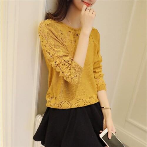 Spring AutumnThin Women Sweaters O Neck Long Sleeve Lace Hollow Out Black Yellow Women Knitwear Casual Women Summer Tops ZZ484