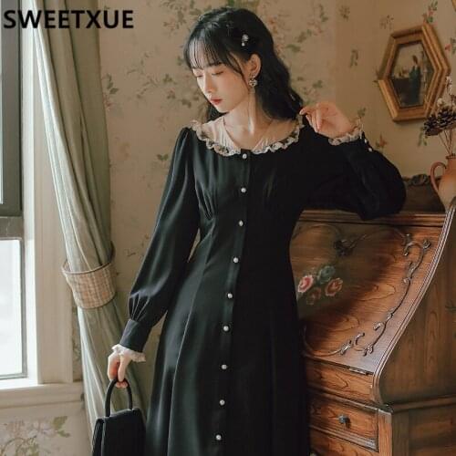 SWEETXUE 2021 Women Spring Fall Long Sleeve Peter Pan Collar Lace Elegant Dresses Female