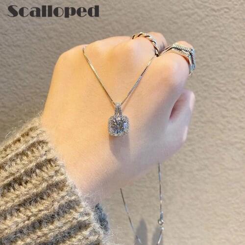 SCALLOPED Classic Square Zircon Pendant Necklace For Women Accessories Simple Clavicle Chain Fashion Statement Jewelry