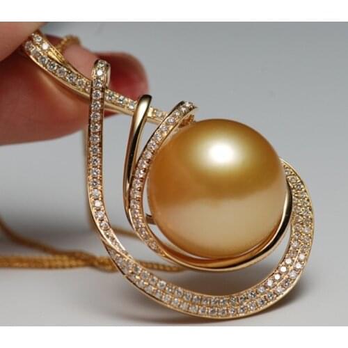 Sinya 15mm southsea golden pearl pendant inlay Real high luster diamonds 18K Au750 Gold fine jewelry necklace for women ladies