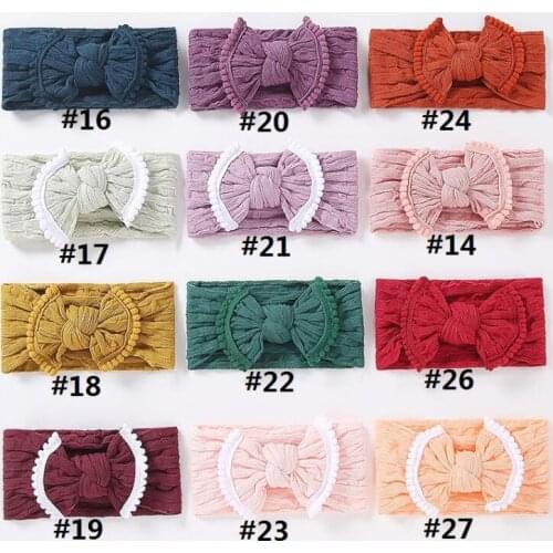 New Cable Knit Headband With Pom Pom Trim Girls Nylon Handmade Jacquard Fabric Bow Turban Hair Accessories 27 Color Choose