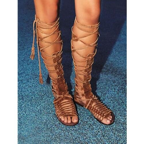 Bohemian Women Summer Gladiator Sandals Cut-Outs Knee High Boots Female Casual Flats Shoes Lace Up Beach Sandalias Mujer
