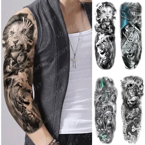 Large Arm Sleeve Tattoo Lion Warrior King Waterproof Temporary Tatto Sticker Lightning Crown Skull Body Art Full Fake Tatoo Men