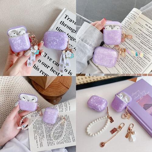 Luxury TPU Cover For apple airpods 1 2 3 Pro Case Dreamy Purple Bluetooth Earphone Case Box Shell Cute Gem Pearl Flower Keychain