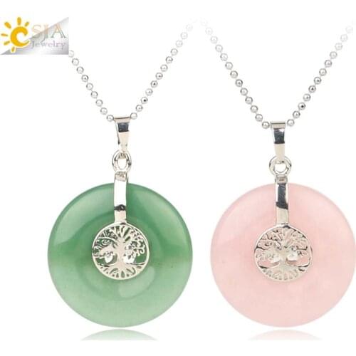 CSJA Tree of Life Charms Pendant Natural Crystal Hollow Round Reiki Stone Energy Wisdom Trees Women Men Pendants Necklaces G146