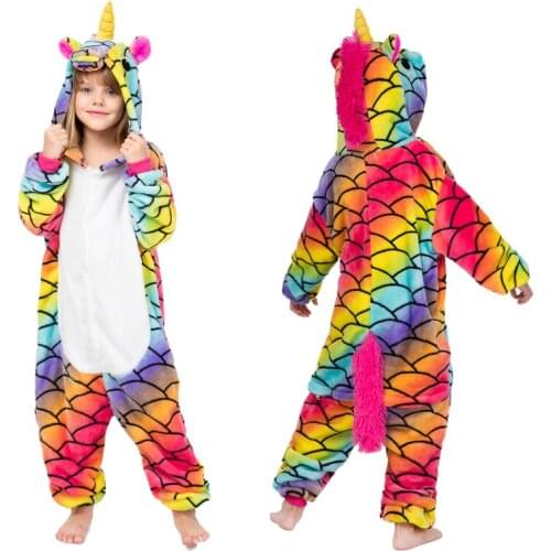 Children Winter Flannel Warm Pajamas Kids Blankets Sleeper Boys Kigurumi Animal Pajamas Girls Unicorn Rainbow Pijamas Cosplay