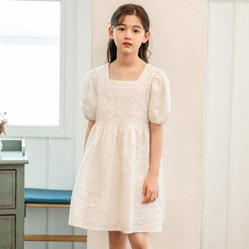 Children White Fairy Dresses Teen Girls Elegant Party Birthday Summer Korean Casual Short Sleeve Beach Sundress Kids Clothes 8 Y