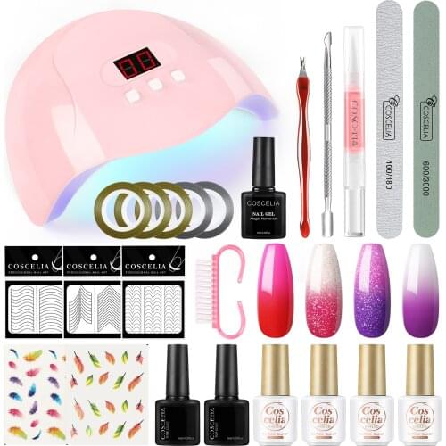 COSCELIA Temperature Changing Gel Polish Set With UV Led Lamp Top Base Coat Color Changing Varnish Soak Off Gel With Tools