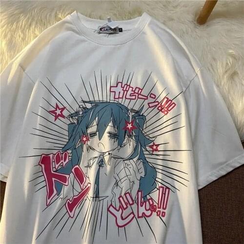 Cotton tshirt Japanese oversize loose shirt short-sleeved vintage T-shirt female anime girl women clothes two-dimensional top