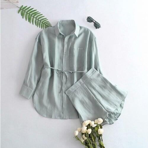 2piece set women suit new style solid color lapel lace-up shirt with high waist casual shorts women suit two piece set