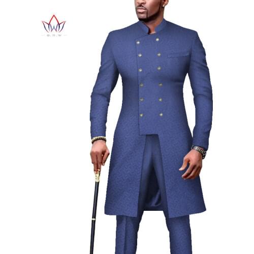 2021 BRW African Clothing Men 2 Pieces Pants Sets Work Wedding Men Long Shirt and Pants Sets Double Breasted Blazer Suit WYN1215
