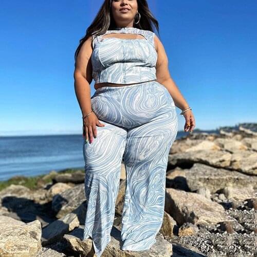 2 Pieces Pants Sets Womens Outfits Plus Size 4XL 5XL Tops & Trousers Blue Printed Bodycon Oversized Fashion Matching Sets 2021