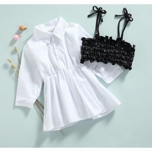 Fashion Fall Girls Dress 2pcs Kids White Long Sleeve A-line Dress+Black Strape Camis Sling