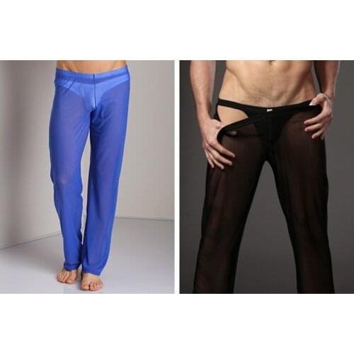 Mens Sexy Mesh Sheer Lounge Pants Sexy Long Pants Black White M L XL Free Shipping
