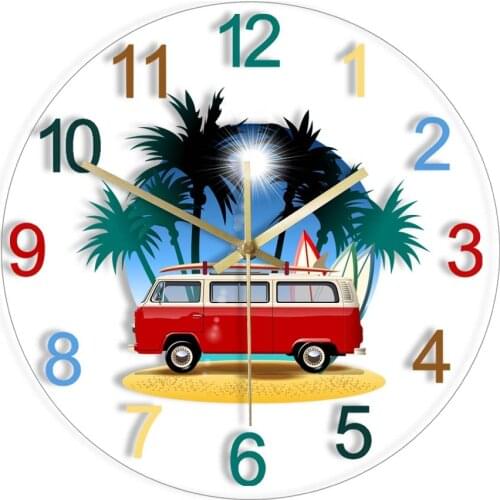 Retro Camper Modern Design Wall Clock Camper Travel Home Décor Surfboard Classic Car Printed Silent Clock RV Transportation Art