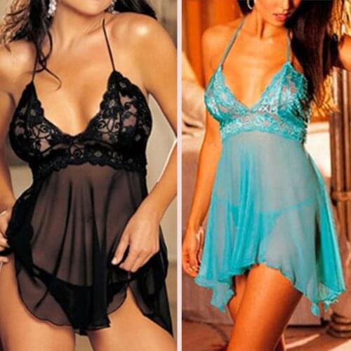 Sexy Women Lingerie Lace Nightgowns G-string Underwear Nightwear Sleepwear Babydoll Dress Nighties Plus Size 4 Colors