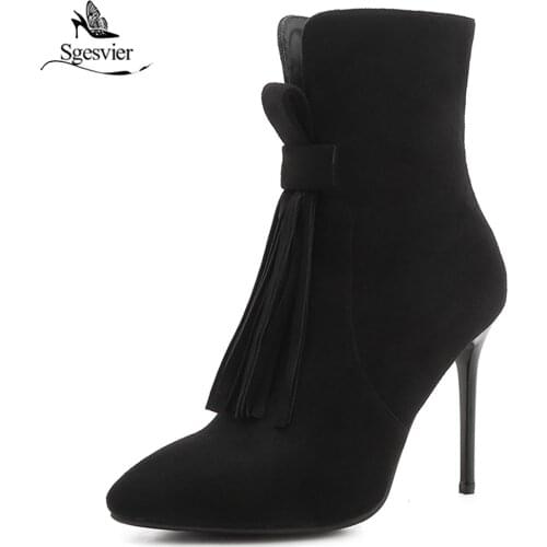 Sgesvier Autumn Winter New Womens Ankle Boots Sexy Tassel Stiletto Super High Heel Botas Feminina Pointed Toe Short Boots B671