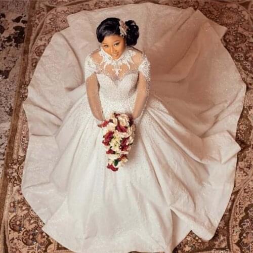 A Line Wedding Dresses High Neck Lace Appliques Pearls Satin Plus Size Bridal Gowns Vestidos De Novia