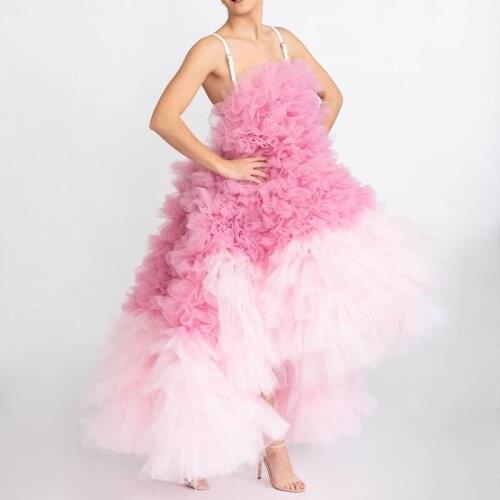 Vestidos 2021 Draped Colored Tulle High Low Women Formal Event Party Dresses Long Mesh Tulle Prom Gowns