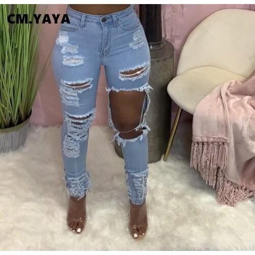 CM.YAYA Women Jeans Hole Mid Waist Elastic Sheath Full Length Pencil Denim Pants Zip Pockets Casual Fashion Trousers Summer 2021