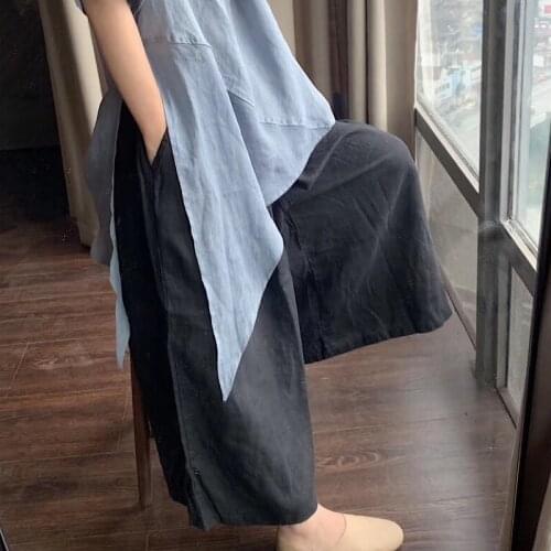 Women Loose Solid Color Elastic Waist Wide Leg Pants Ladies Plus Size Flax Trousers Female 2021 New Pants