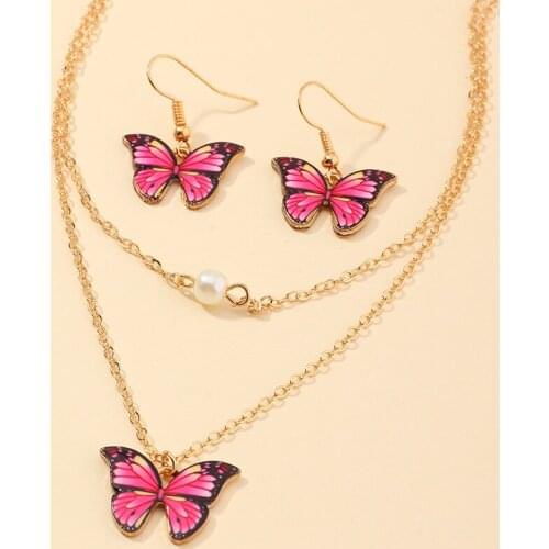 Fashion Sweet Butterfly Jewelry Sets Women Girls Charms Pendant Necklaces Double Neck Chains Ear Hook Drop Dangle Earrings Set