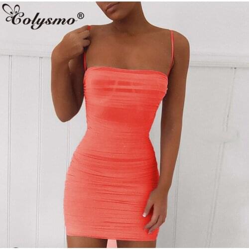 Colysmo Two Layers 2020 Summer Dress Women Slash Neck Mesh Pleated Slim Fit Sexy Satin Dress Club Beach Neon Robe Party Dresses