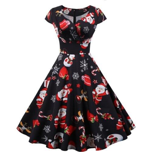 Women Christmas Party Dress Short Sleeve V Neck Elegant Vintage Print Xmas New Year Prom Sundress Plus Size 3XL Robe