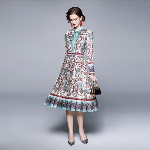 Summer Runway Designer Pleated Dresses Spring Womens Long Sleeve Bow Neck Vintage Floral Printed Party Dress k1122