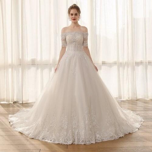 SL-6803 plus size wedding dress boat neck lace short sleeve bridal ball gowns crystal beaded vintage wedding dresses for women