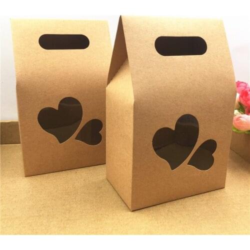 12Pcs Stand Up Brown Kraft Paper Bag With Two Heart Window for Wedding/Gift/Jewelry/Food/Candy/Bread Package Paper Box Easy Take