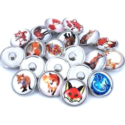 20pcs/lot 18mm 20mm Cartoon Fox Pattern Glass Cabochon Snaps Buttons for DIY Snaps Bracelet Necklace Glass Charm Jewelry N026