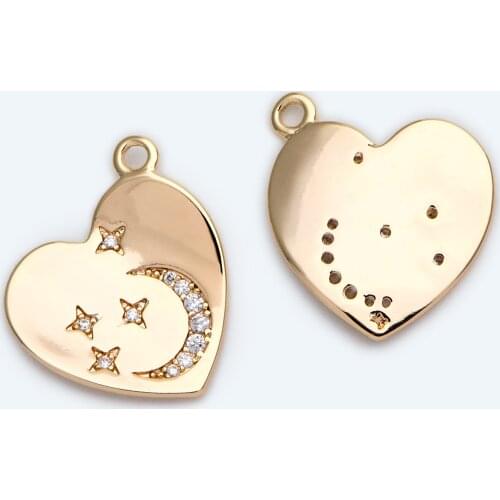 4pcs CZ Paved Gold Heart Pendants, Star and Moon Charms DIY Necklace Bracelet Earrings Making Accessories (GB-2277)
