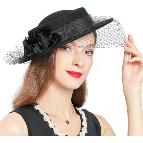 Womens Berets Hat Black Fascinators Wool Felt Hat Wedding Church Cap For Woman Ladies Elegant Vintage Fashion Hats Party Bonnet