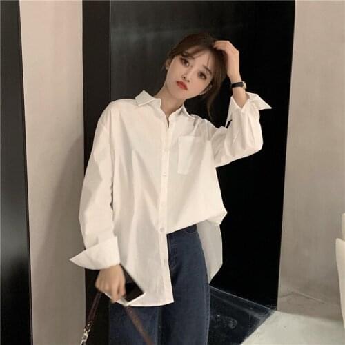 Korean New Blouses Women White Oversized Daily Simple Leisure Shirt Female Clothes College Solid Pockets Fashion Long Top ZY6057