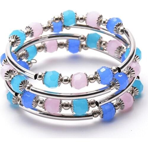 DIY Handmade Jewelry Women Fashion Bracelet Blue Pink Crystal Warp Bracelet Multi-layer Cuff Bangle Boho Party Jewelry Gift