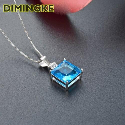 DIMINGKE 10*10 Blue Topaz Pendant Necklace S925 Sterling Silver Wedding Cocktail Party Birthday Gift Jewelry