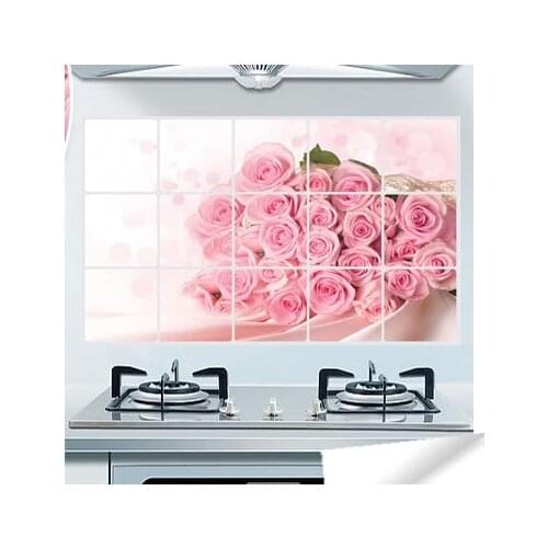 Home Kitchen Oil Proof Stickers Aluminum Foil High Temperature Resistant Waterproof Wall Sticker Pink Rose Petal Art Wall Decal
