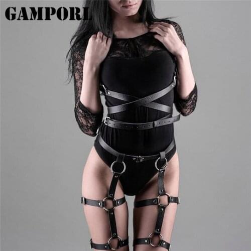 GAMPORL Women Leather Harness Sets Sexy 2pcs Women Body Bondage Erotic Lingerie Garter Belt Suspenders Leg Straps Harness Cage