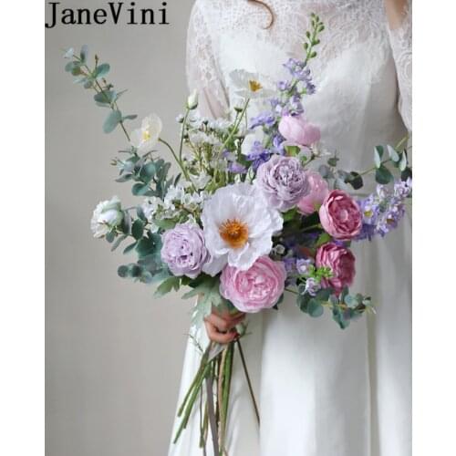 JaneVini Western Style Purple Artificial Wedding Bouquets 2020 Lavender Silk Rose Bridal Dried Flowers Fake Bride Bouquet Peony