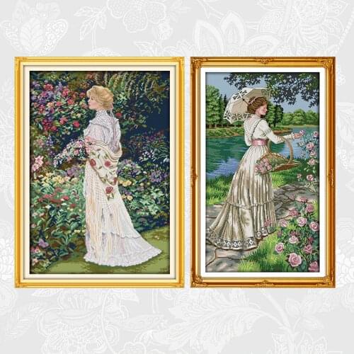 Flower Picking Paintings DIY Hand Made Cross Stitch Printed Canvas Embroidery Sets for Needlework DMC Cotton Thread Crafts