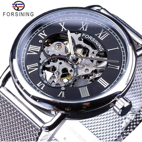 Forsining Fashion Classic Black Silver Skeleton Mechanical Watches for Men Mesh Belt Transparent Case Waterproof Clock Male