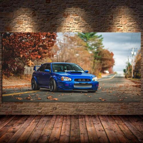 Wall Art Posters and Prints Subaru Impreza STI Blue Sport Car Autumn Road Canvas Painting Picture for Living Room Decor Unframed