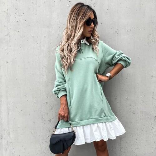 Women Autumn Loose Sweatershirt Dress Winter Long Sleeve Pleated Shirt Dress Polo Collar Female Casual Patchwork Hoodies Dress